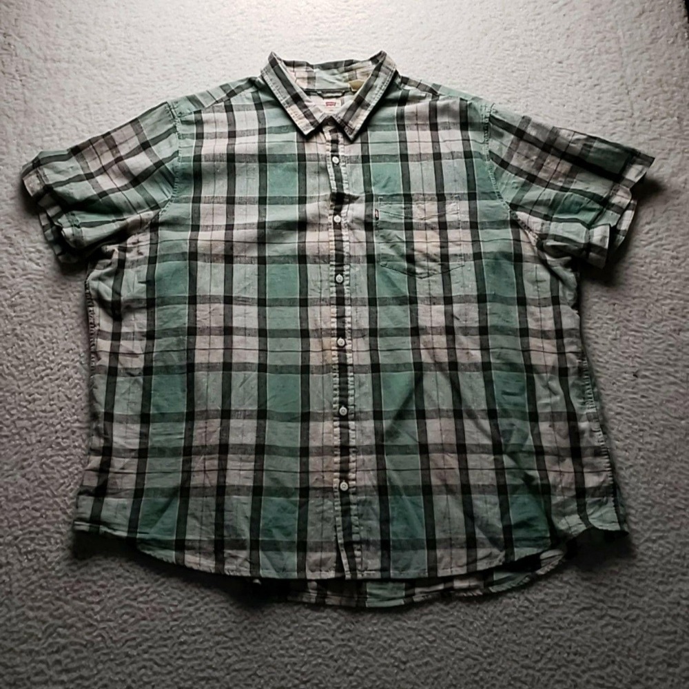 Levi's Shirt Mens 3XL Green Plaid Short Sleeve Cotton Linen Button-Up Casual